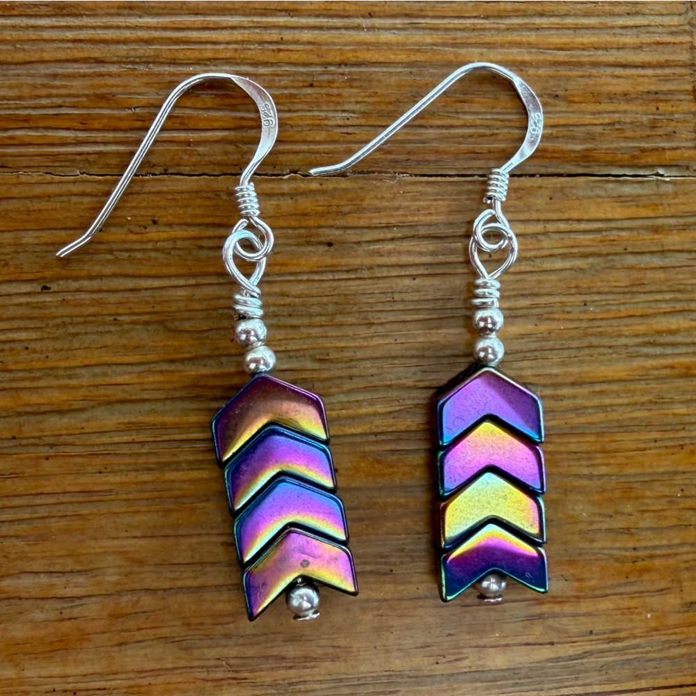 Rainbow Hematite Chevron Beaded Handmade Earrings on 925 Sterling Silver Hooks